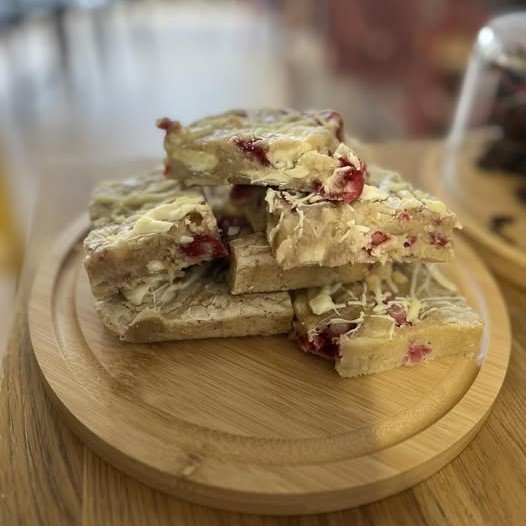 Raspberry and white chocolate brownie